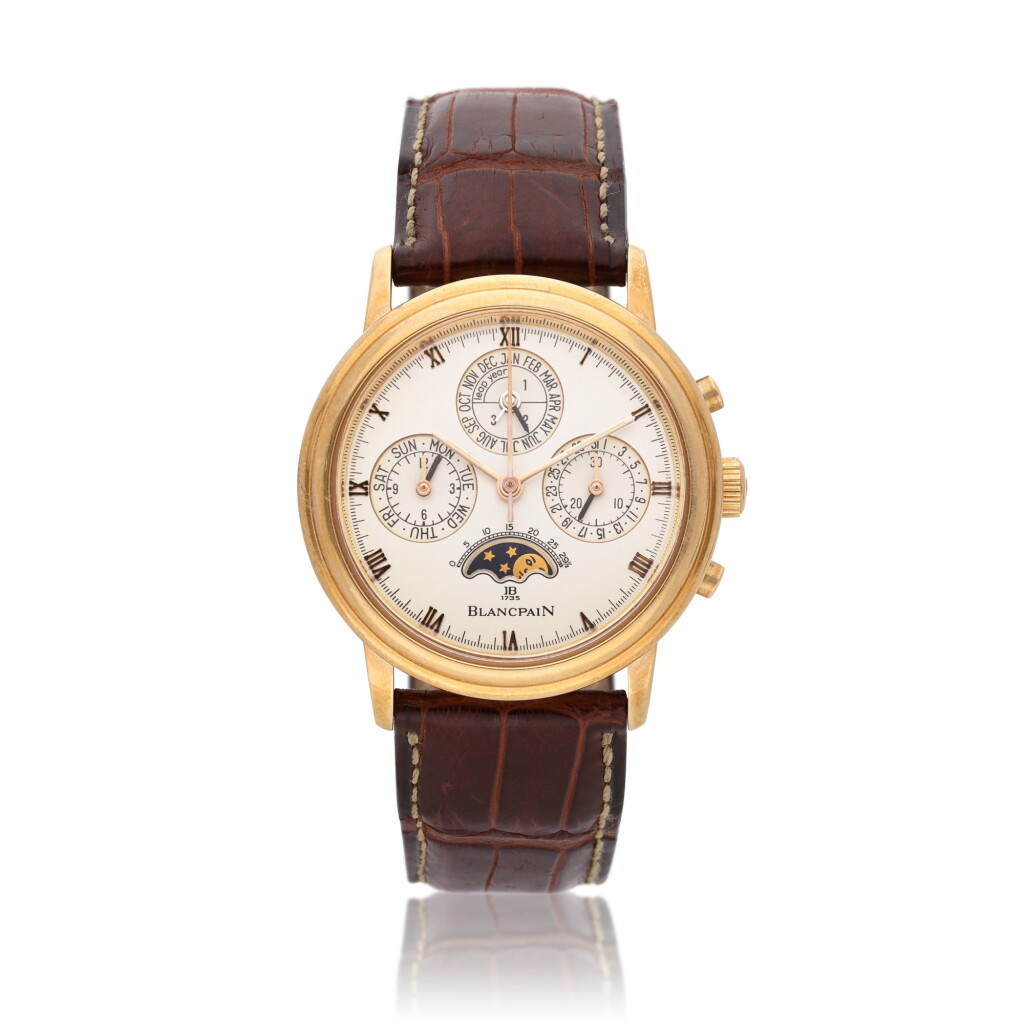 View full screen - View 1 of Lot 269. A pink gold automatic perpetual calendar chronograph wristwatch with moon phases, Circa 1995.