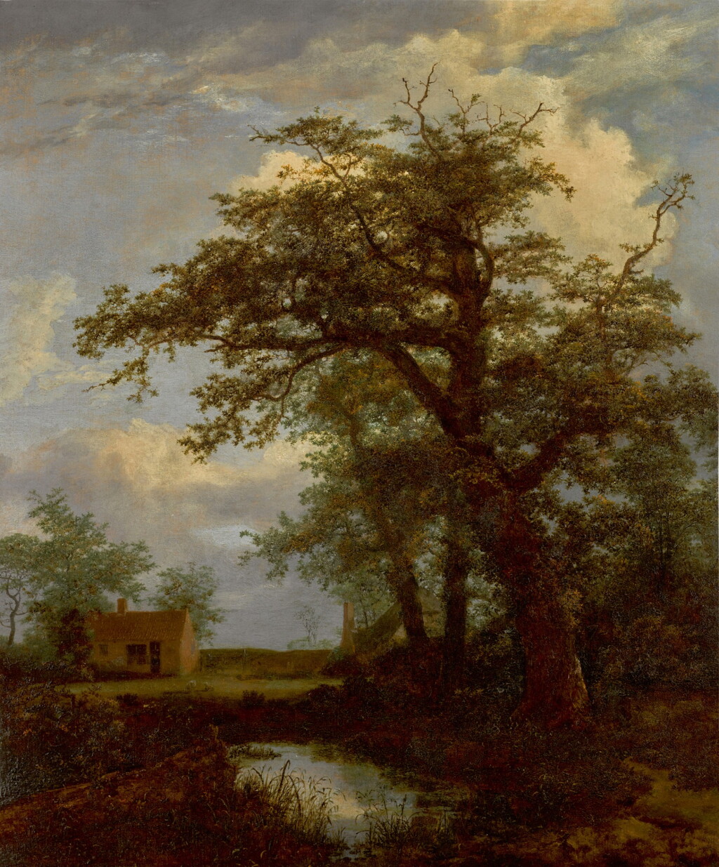 View full screen - View 1 of Lot 158. A wooded landscape with an oak tree, pond and houses beyond.