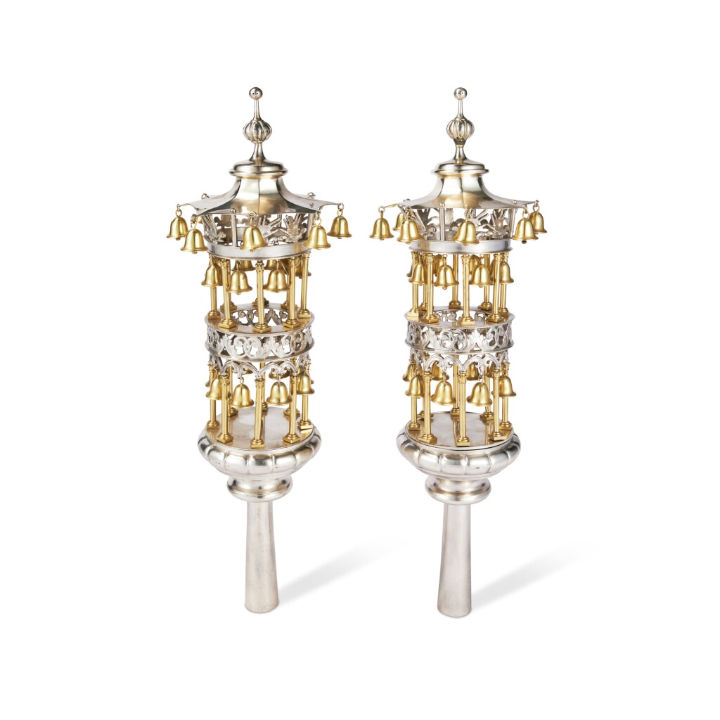 View full screen - View 1 of Lot 69. A Pair of Parcel-Gilt Silver Chinoiserie Torah Finials, Probably German, Mid 19th Century.