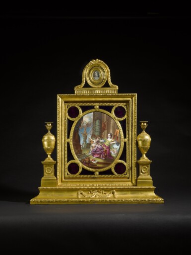 View full screen - View 1 of Lot 18. A George III gilt-brass mounted enamel toilet mirror, circa 1775, the enamel by William Hopkins Craft, the mounts attributed to James Cox.