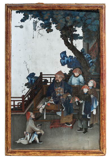 View full screen - View 1 of Lot 65. A MIRROR GLASS 'COURT SCENE' PAINTING, QING DYNASTY, 18TH/19TH CENTURY | PEINTURE SOUS VERRE, CHINE, DYNASTIE QING, XVIIIE-XIXE SIÈCLE.