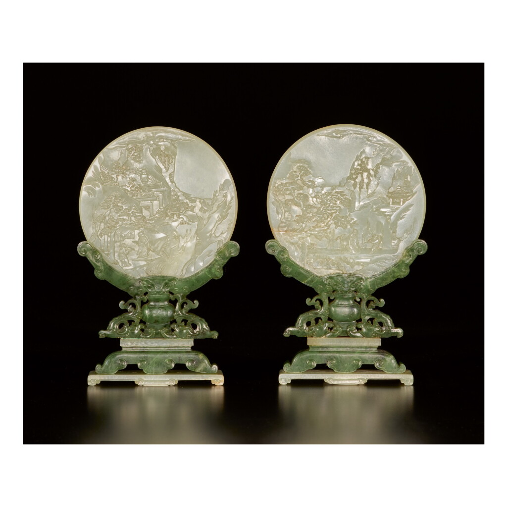 View full screen - View 1 of Lot 655. A PAIR OF CELADON JADE TABLE SCREENS WITH STANDS, QING DYNASTY.