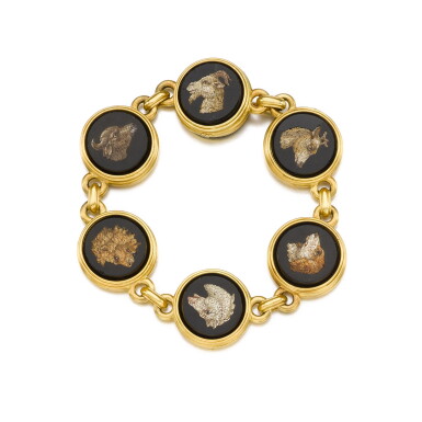 View full screen - View 1 of Lot 70. Gold, onyx and micromosaic bracelet, circa 1860.