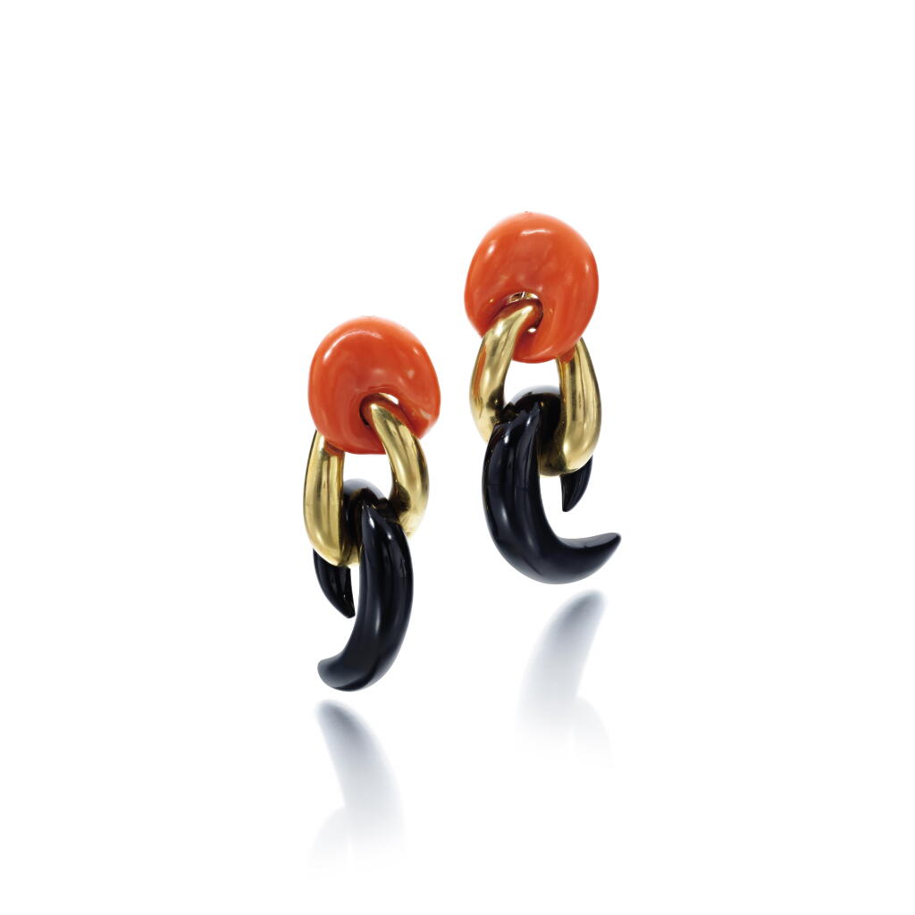 View full screen - View 1 of Lot 555. Pair of coral and black jade ear clips, 1970s.