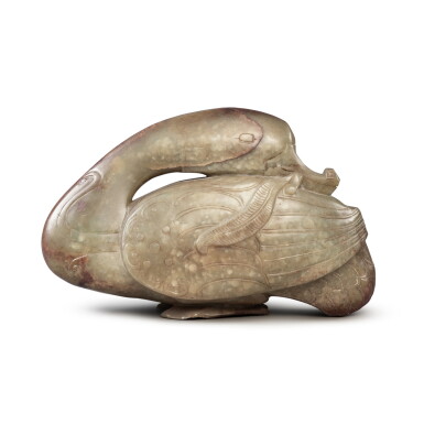 View full screen - View 1 of Lot 140. A large green and russet jade carving of a goose, Qing dynasty .