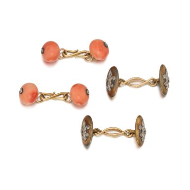 View full screen - View 1 of Lot 1103. Pair of gold and diamond cufflinks and a pair of coral and diamond cufflinks.