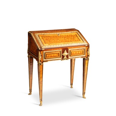 View full screen - View 1 of Lot 29. A Louis XVI gilt-bronze mounted tulipwood, amaranth and teinted maple secrétaire de pente, circa 1775, stamped by Pierre Boichod | Secrétaire de pente en marqueterie de bois de rose et amarante, érable teinté et bronze doré, d'époque Louis XVI, vers 1775, estampille de Pierre Boichod.