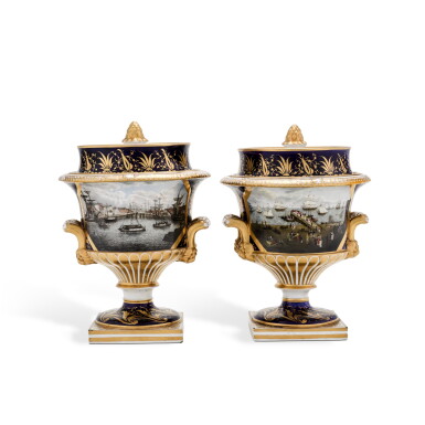View full screen - View 1 of Lot 191. A pair of Grainger, Lee & Co., Worcester dark-blue-ground ice pails and covers, circa 1820.