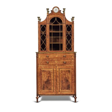 View full screen - View 1 of Lot 59. A George III Lacquered Brass-Mounted Satinwood, Sabicu and Tulipwood Cross-Banded Secretaire Bookcase attributed to George Simson and retailed by Thomas Weeks, Circa 1800.