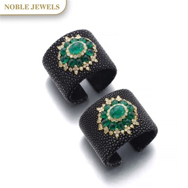 View full screen - View 1 of Lot 17. PAIR OF SHAGREEN, EMERALD AND DIAMOND CUFF BRACELETS.