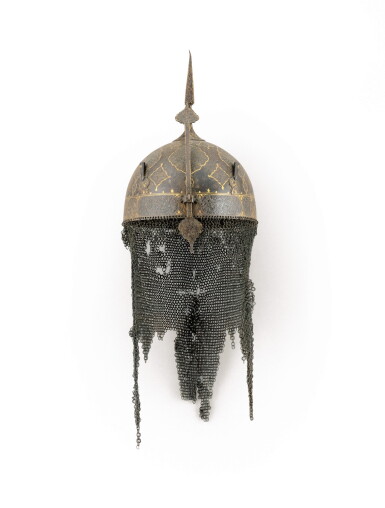 View full screen - View 1 of Lot 140. A gold-overlaid steel helmet (kulah khud), Persia, Qajar, 19th century.