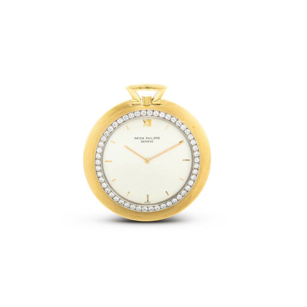 View full screen - View 1 of Lot 611. PATEK PHILIPPE | REFERENCE 855/1 A YELLOW GOLD AND DIAMOND-SET KEYLESS OPENFACE WATCH, MADE IN 1966.