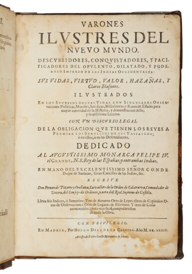 View full screen - View 1 of Lot 988. Fernando Pizarro y Orellana | A rare volume glorifying the Spanish Empire.