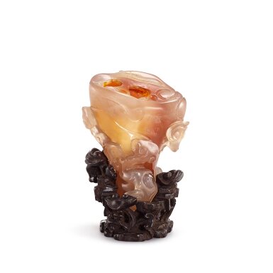 View full screen - View 1 of Lot 554. An inscribed agate 'lingzhi' spill vase, Qing dynasty, 18th century 清十八世紀 瑪瑙天寶九如花插.