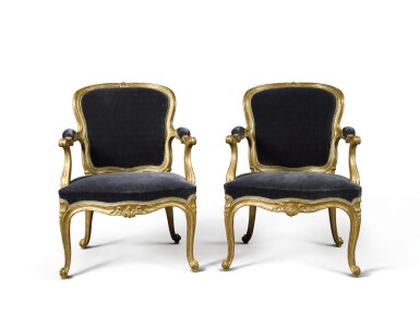 View full screen - View 1 of Lot 773. A PAIR OF GEORGE III GILTWOOD ARMCHAIRS, CIRCA 1770.