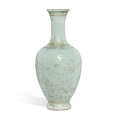 View full screen - View 1 of Lot 516. An extremely rare carved gilt-decorated and celadon-glazed 'phoenix' vase, Seal mark and period of Qianlong | 清乾隆 粉青釉描金鳳紋瓶 《大清乾隆年製》款.