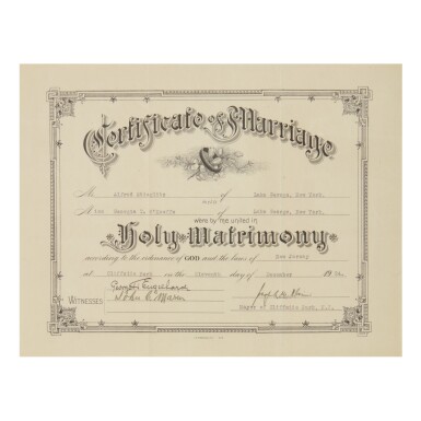 View full screen - View 1 of Lot 5. GEORGIA O'KEEFFE AND ALFRED STIEGLITZ'S MARRIAGE CERTIFICATE.