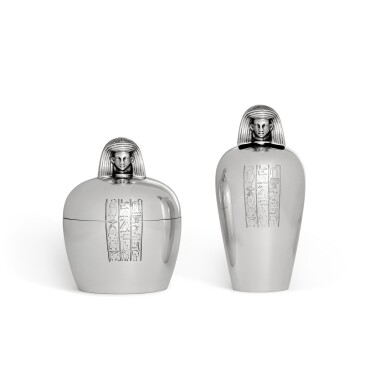 View full screen - View 1 of Lot 738. An American Silver ‘Egyptian’ Covered Jar and Bottle, Gorham Mfg. Co., Providence, RI, 1884.