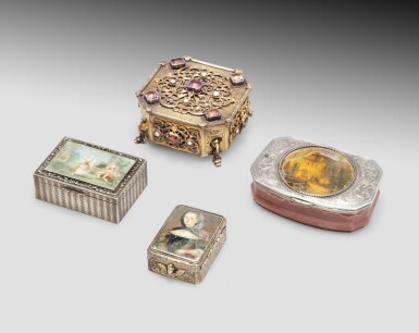 View full screen - View 1 of Lot 209. A group of three silver and silver-gilt boxes, and one silver-plated box, 19th century | Trois boîtes en argent et vermeil et une en métal argenté, XIXe siècle.
