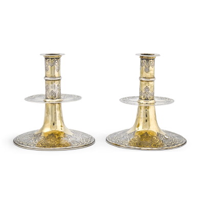 View full screen - View 1 of Lot 37. A pair of Commonwealth silver-gilt candlesticks, Arthur Mainwaring, London, 1650/1651.