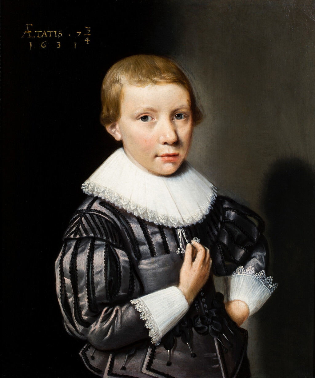 View full screen - View 1 of Lot 39. Portrait of a boy, aged 7 3/4 , half-length, wearing a grey-black satin costume with lace collar and cuffs.