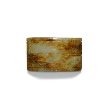 View full screen - View 1 of Lot 109. A JADE FITTING, QING DYNASTY, 18TH CENTURY | 清十八世紀 玉珮飾 及 玉弦紋琮 一組兩件.