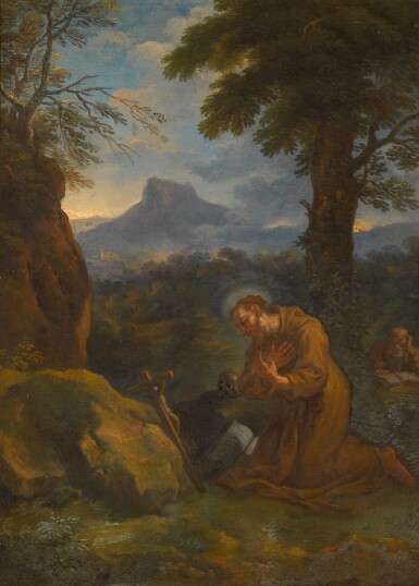 View full screen - View 1 of Lot 103. ROMAN SCHOOL, CIRCA 1700 | SAINT FRANCIS IN PRAYER IN A MOUNTAINOUS LANDSCAPE.