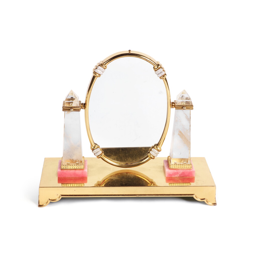 View full screen - View 1 of Lot 115. A Silver-Gilt, Hardstone, and Gem-Set Table Mirror, Moba, Probably Italian, Mid 20th Century.