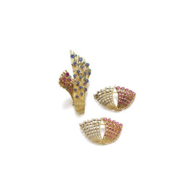 View full screen - View 1 of Lot 60. GEM SET AND DIAMOND BROOCH, MELLERIO, AND A PAIR OF RUBY AND DIAMOND BROOCHES, 1950S.