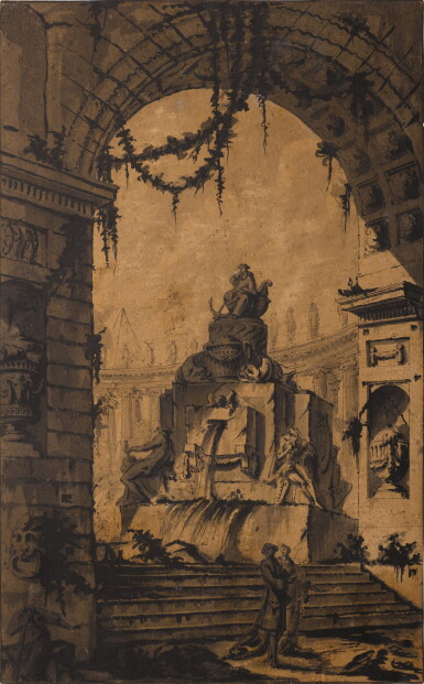 View full screen - View 1 of Lot 370. Two figures in a monumental temple, by a fountain.
