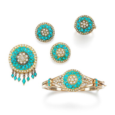 View full screen - View 1 of Lot 215. TURQUOISE, SEED PEARL AND DIAMOND PARURE.