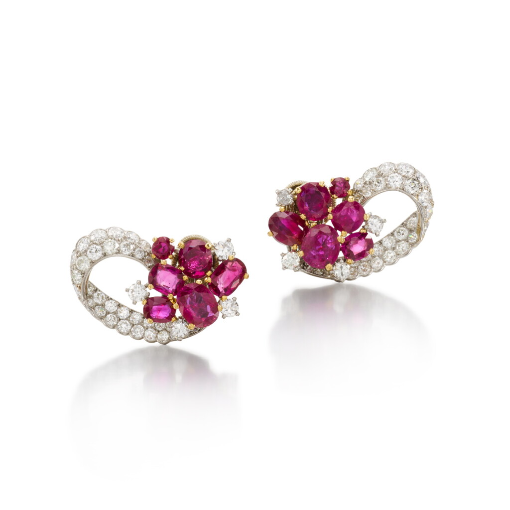 View full screen - View 1 of Lot 28. Ruby and Diamond Earclips, Mid 20th Century.