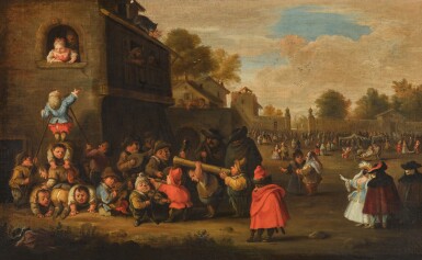 View full screen - View 1 of Lot 315. A townscape with an orchestra of dwarfs playing music with masked onlookers.