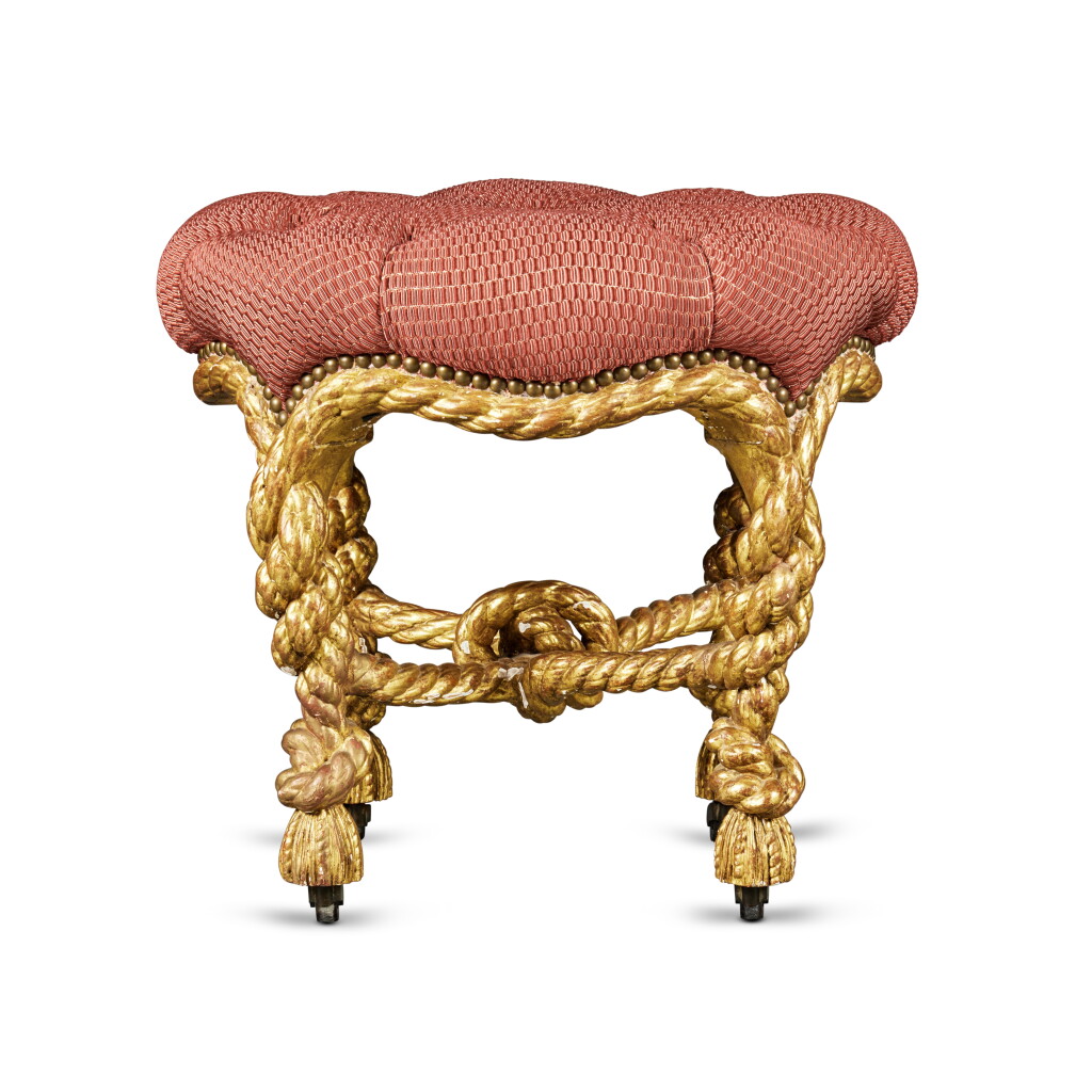 View full screen - View 1 of Lot 222. A Napoleon III Upholstered Carved Giltwood Rope-Twist Tabouret, in the Manner of A.M.E. Fournier, Third Quarter 19th Century .