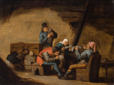 View full screen - View 1 of Lot 354. A tavern interior with peasants singing alongside a bagpipe player.
