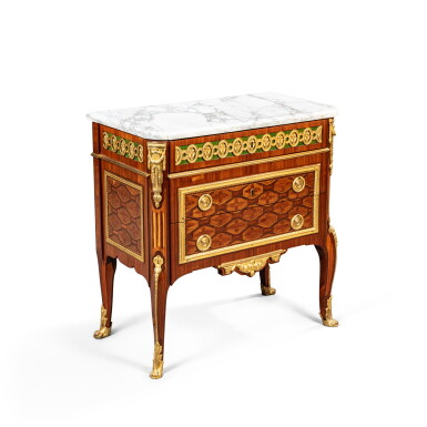 View full screen - View 1 of Lot 257. A Louis XV gilt-bronze mounted tulipwood, kingwood, amaranth, maple, holly and hornbeam commode, circa 1770, in the manner of Pierre-Harry Mewesen.