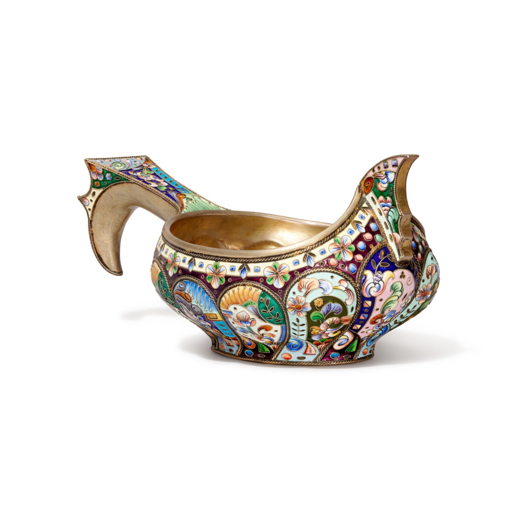 View full screen - View 1 of Lot 201. A silver-gilt and cloisonné enamel kovsh, 6th Moscow Artel, Moscow, 1908-1917.