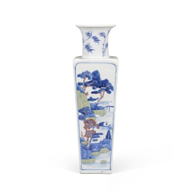 View full screen - View 1 of Lot 124. An underglaze-blue, copper-red and celadon-glazed quadrangular vase, Mark and period of Kangxi | 清康熙 釉裏三彩秋山落暉圖方瓶《大清康熙年製》款.