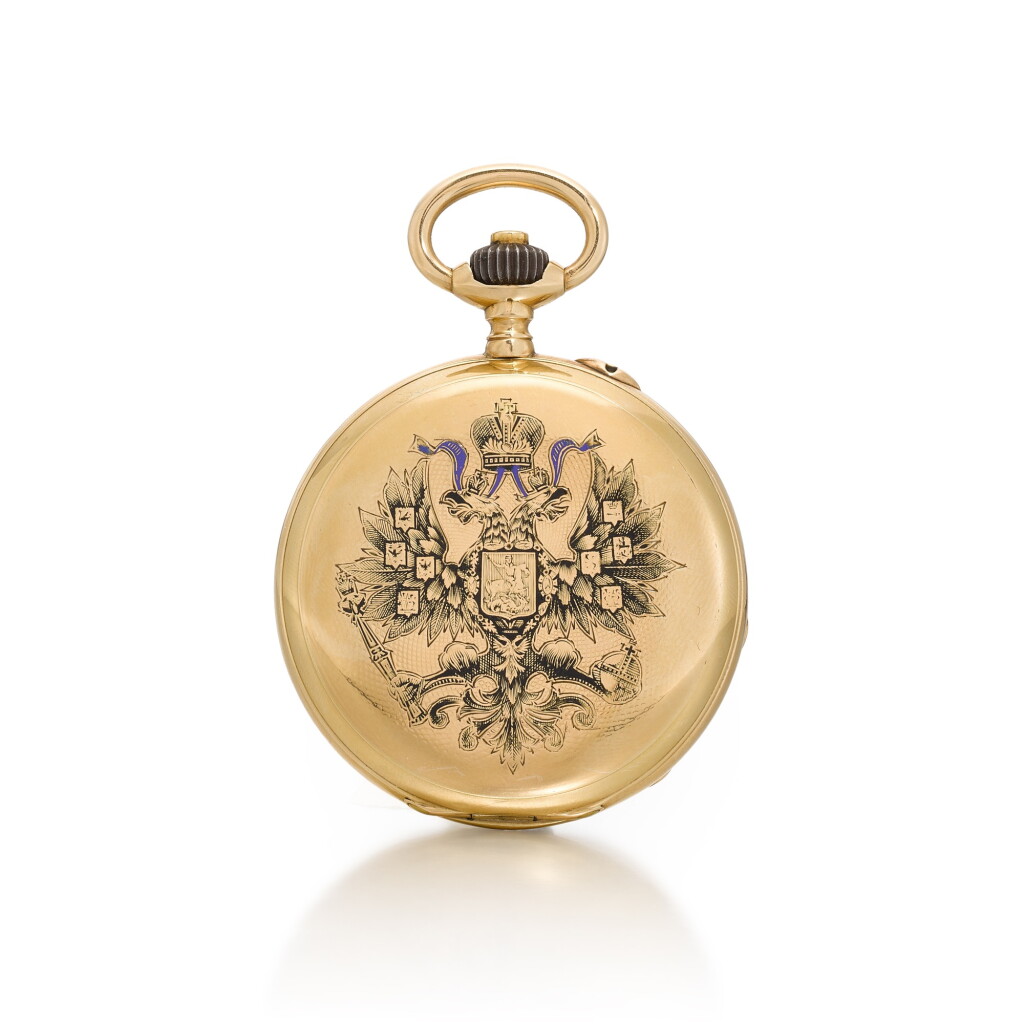 View full screen - View 1 of Lot 53. An imperial presentation gold and champlevé enamel hunter cased pocket watch, Pavel Buhre, St Peterbsurg, 1893.