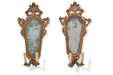 View full screen - View 1 of Lot 1085. Pair of Venetian Baroque Carved Girandoles, 18th Century.