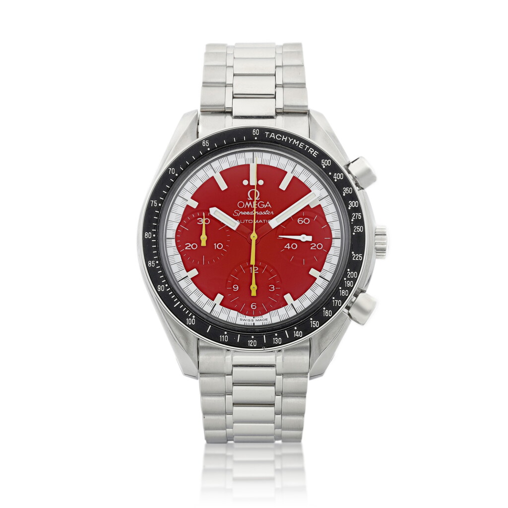 View full screen - View 1 of Lot 8037. Speedmaster Reduced 'Schumacher', Reference 3510.61.00 | A stainless steel chronograph wristwatch with bracelet, Circa 1998 | 歐米茄 | 超霸系列 Reduced 'Schumacher' 型號3510.61.00 | 精鋼計時鏈帶腕錶,約1998年製.