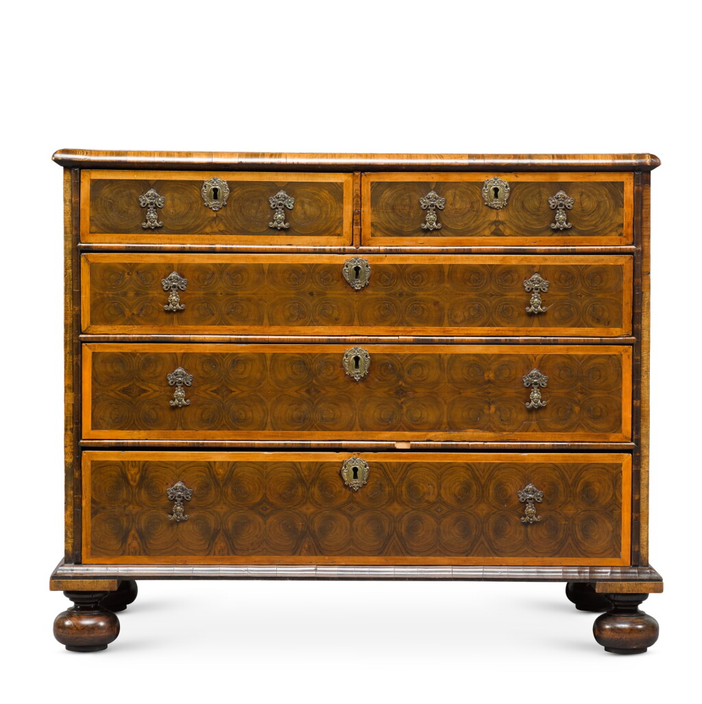 View full screen - View 1 of Lot 90. A William and Mary olivewood oyster-veneered chest of drawers, early 18th century.