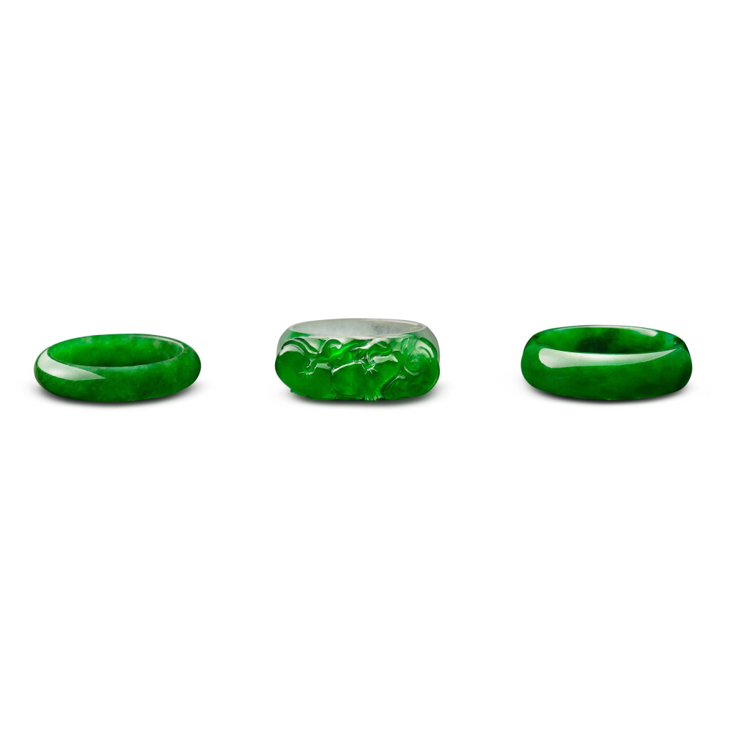 View full screen - View 1 of Lot 1781. Three Jadeite Rings | 天然翡翠 戒指一組三枚.