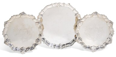 View full screen - View 1 of Lot 142. A PAIR OF GEORGE II SILVER SALVERS, JAMES MORRISON, LONDON, 1758.