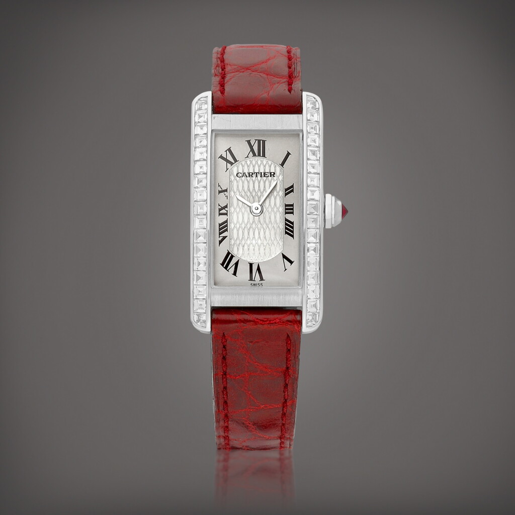 View full screen - View 1 of Lot 2207. Tank Américaine, Reference 1713 | A limited edition white gold and diamond-set wristwatch, Made to commemorate the 150th anniversary of Cartier, Made in 1997 | 卡地亞 | Tank Américaine 型號1713 | 限量版白金鑲鑽石腕錶,為紀念卡地亞150週年而製,1997年製.