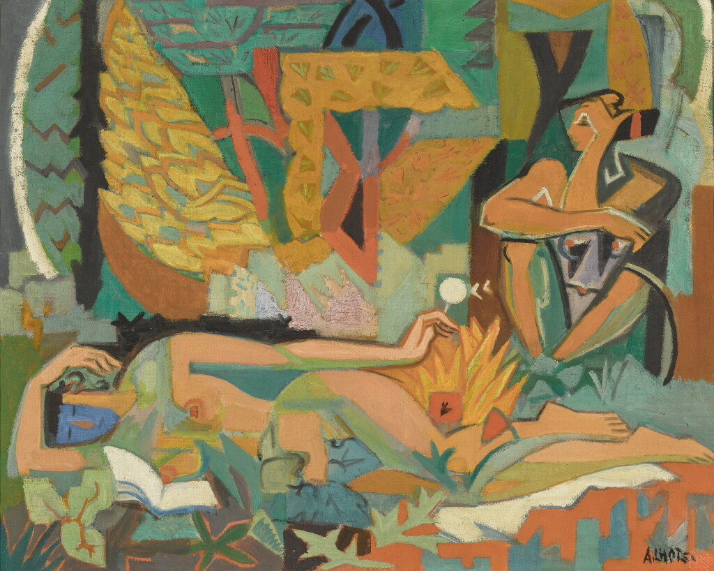 View full screen - View 1 of Lot 453. Projet de tapisserie, composition cubiste aux deux personnages.