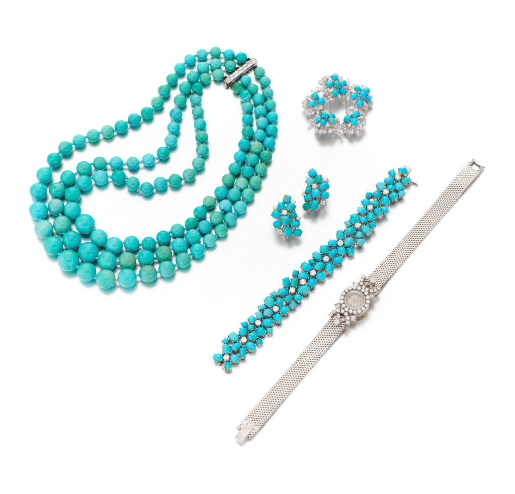 View full screen - View 1 of Lot 63. Collection of turquoise and diamond jewels and a lady's wristwatch, Jaeger-LeCoultre (Collezione di gioielli in turchese e diamanti e un orologio da polso, Jaeger-LeCoultre).