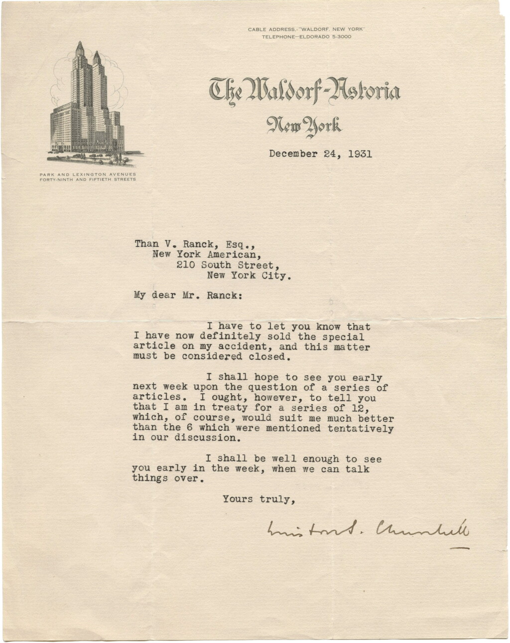 View full screen - View 1 of Lot 39. Winston S. Churchill | Typed letter signed ("Winston Churchill") to Than von Ranck, 24 December 1931.