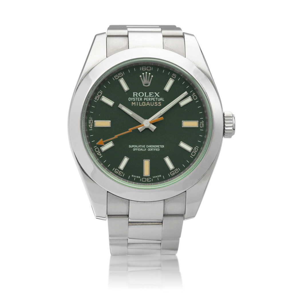 View full screen - View 1 of Lot 8252. Milgauss, Reference 116400V | A stainless steel antimagnetic wristwatch with green sapphire crystal and bracelet, Circa 2011 | 勞力士 Milgauss 型號116400V | 精鋼防磁鏈帶腕錶,備綠水晶鏡面,約2011年製.