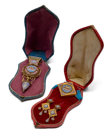 View full screen - View 1 of Lot 1187. A gold-mounted micromosaic demi-parure and a large gold-mounted micromosaic pendant, Rome, circa 1860/70.